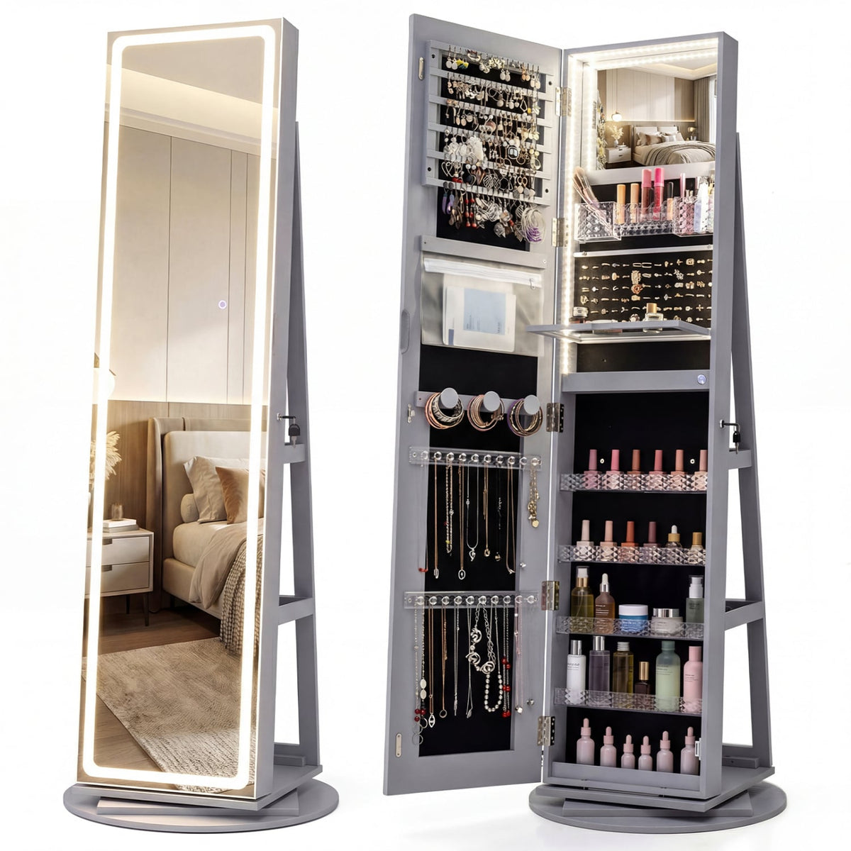 Standing Jewelry Cabinet with Adjustable LED Lights-Gray-Jewelry Armoires-DECOROLALA