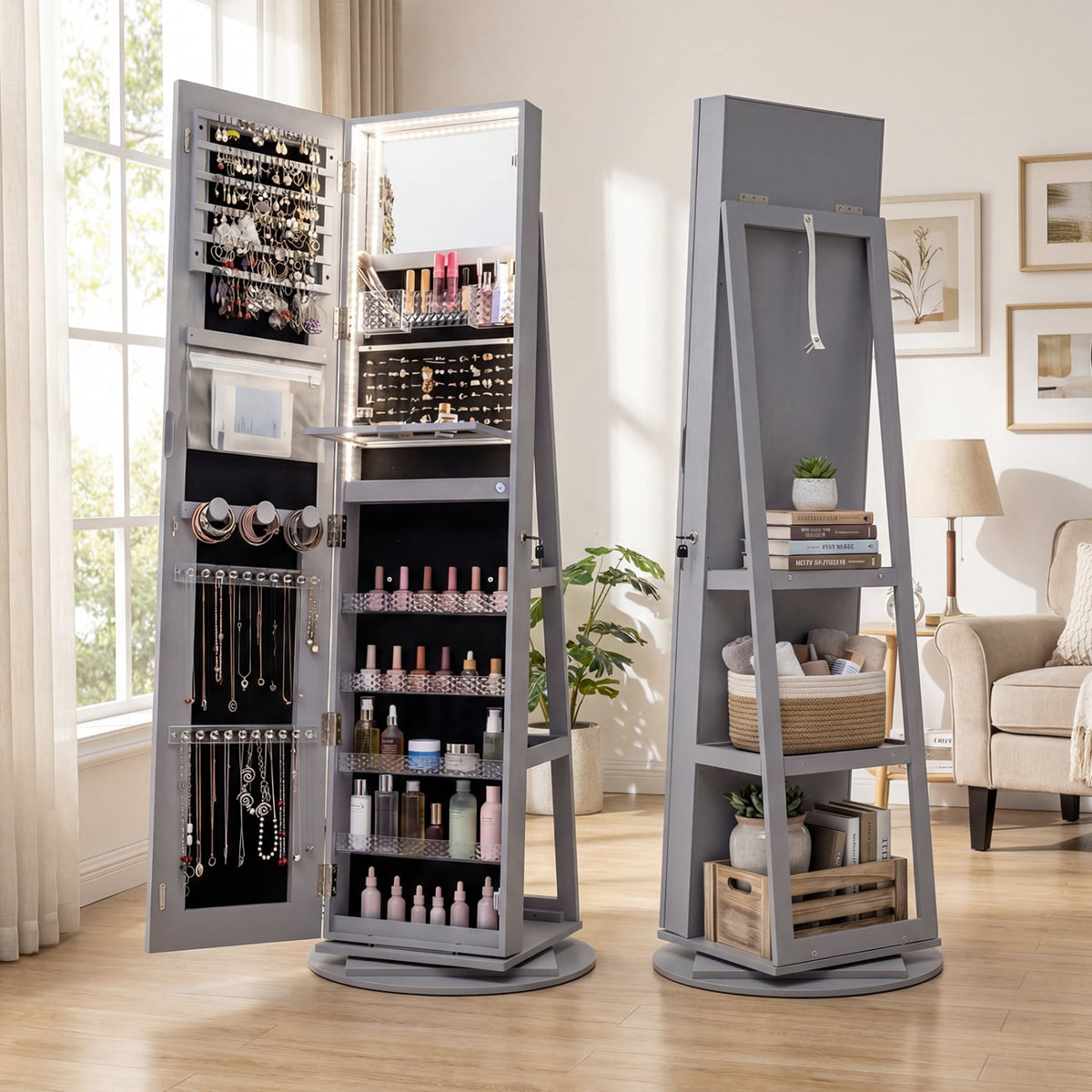 Standing Jewelry Cabinet with Adjustable LED Lights-Gray-Jewelry Armoires-DECOROLALA