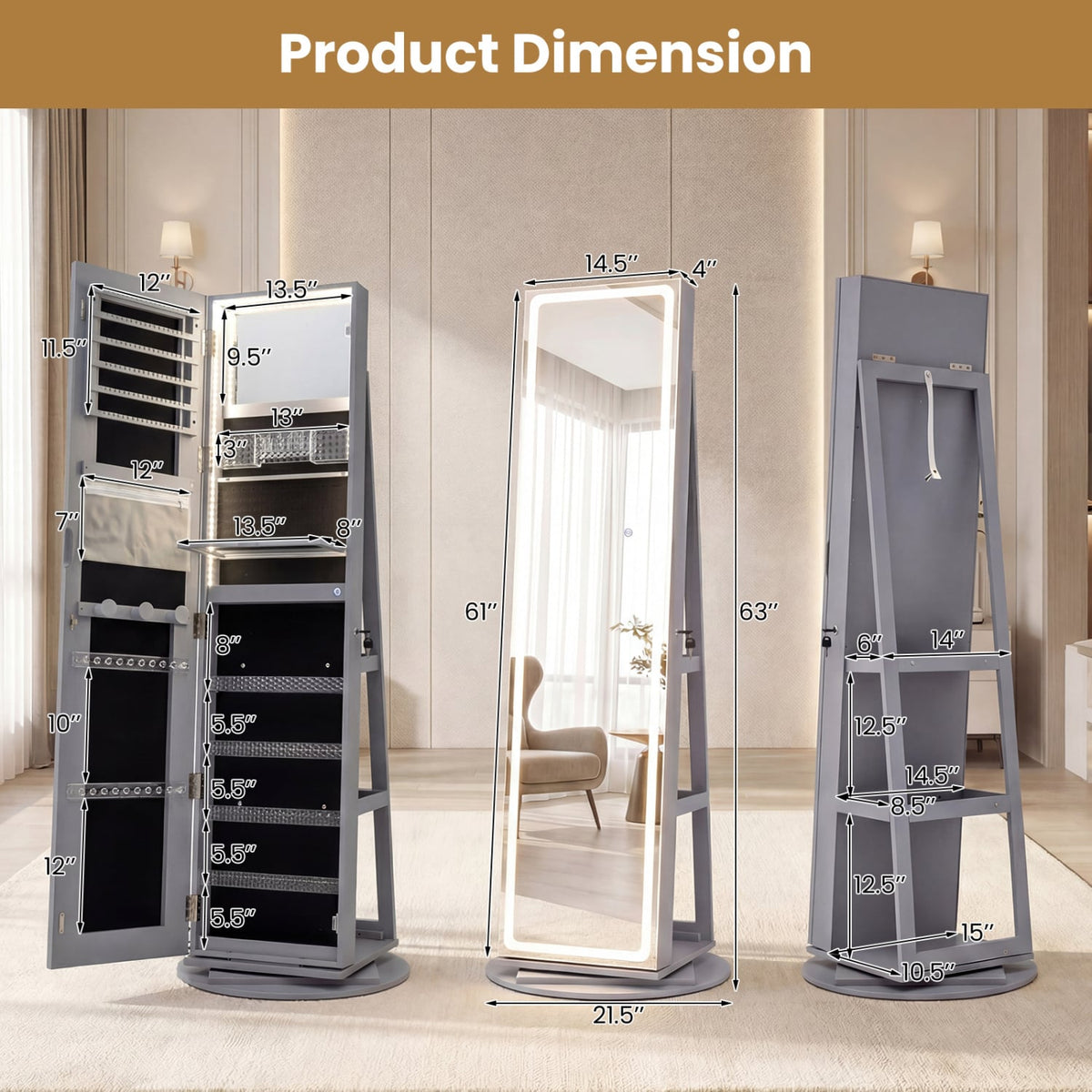 Standing Jewelry Cabinet with Adjustable LED Lights-Gray-Jewelry Armoires-DECOROLALA