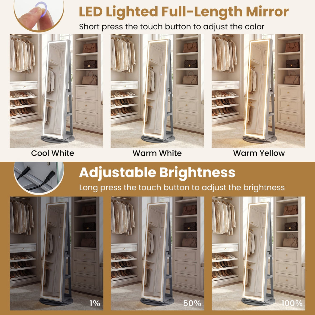Standing Jewelry Cabinet with Adjustable LED Lights-Gray-Jewelry Armoires-DECOROLALA