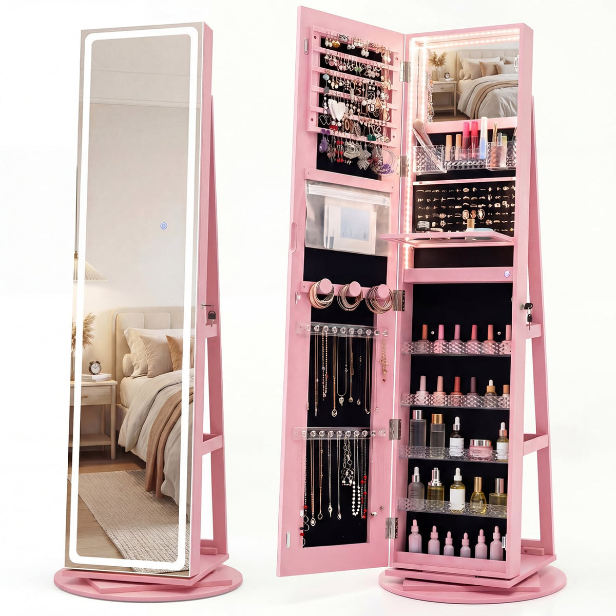 Standing Jewelry Cabinet with Adjustable LED Lights-Pink-Jewelry Armoires-DECOROLALA