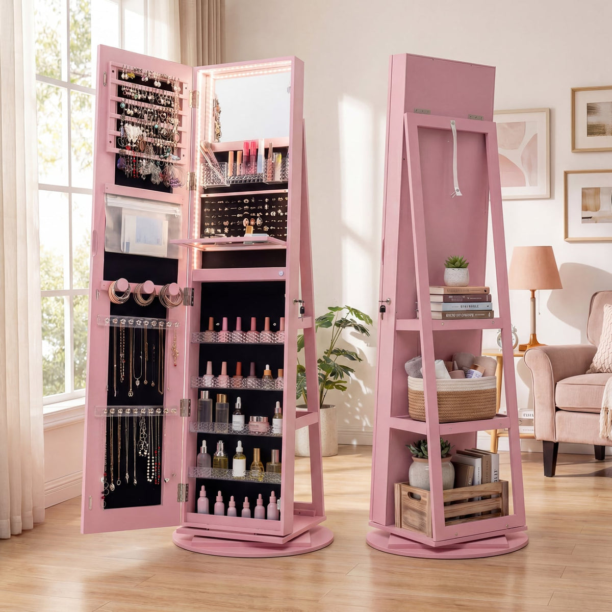 Standing Jewelry Cabinet with Adjustable LED Lights-Pink-Jewelry Armoires-DECOROLALA