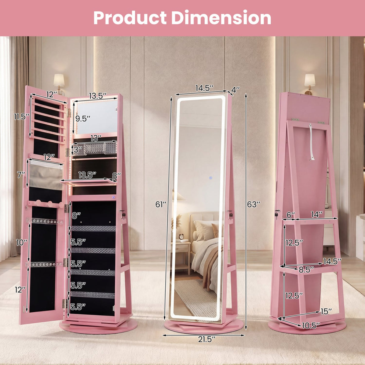 Standing Jewelry Cabinet with Adjustable LED Lights-Pink-Jewelry Armoires-DECOROLALA