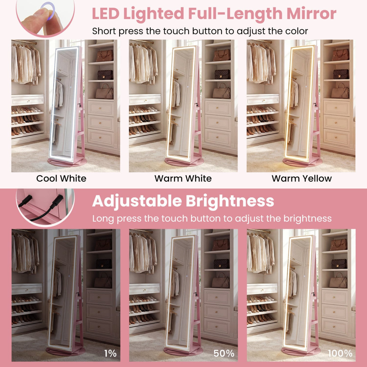 Standing Jewelry Cabinet with Adjustable LED Lights-Pink-Jewelry Armoires-DECOROLALA