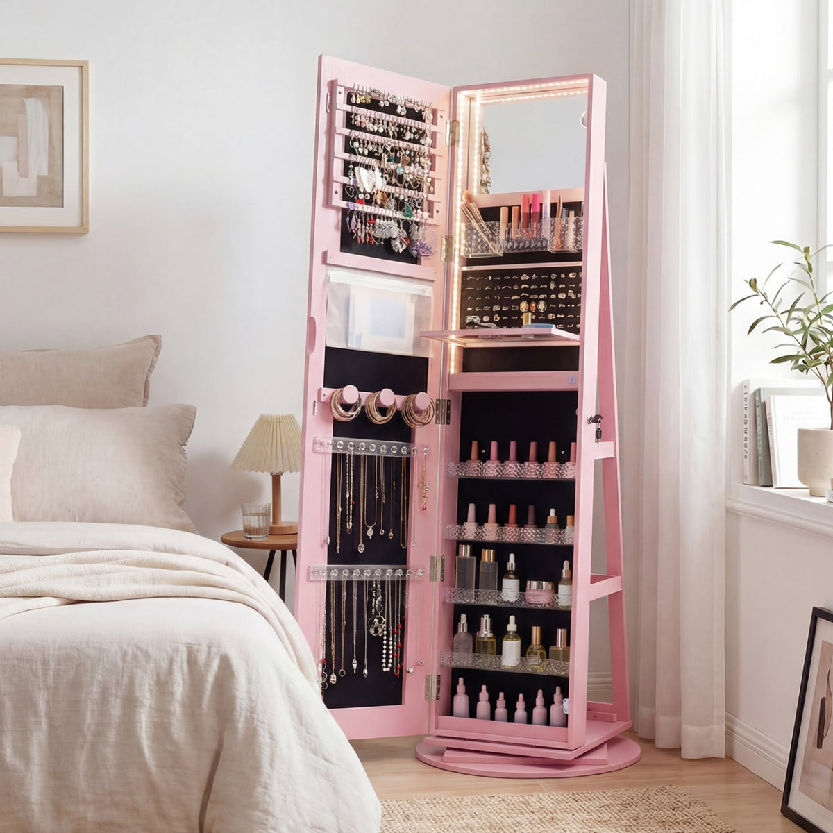 Standing Jewelry Cabinet with Adjustable LED Lights-Pink-Jewelry Armoires-DECOROLALA