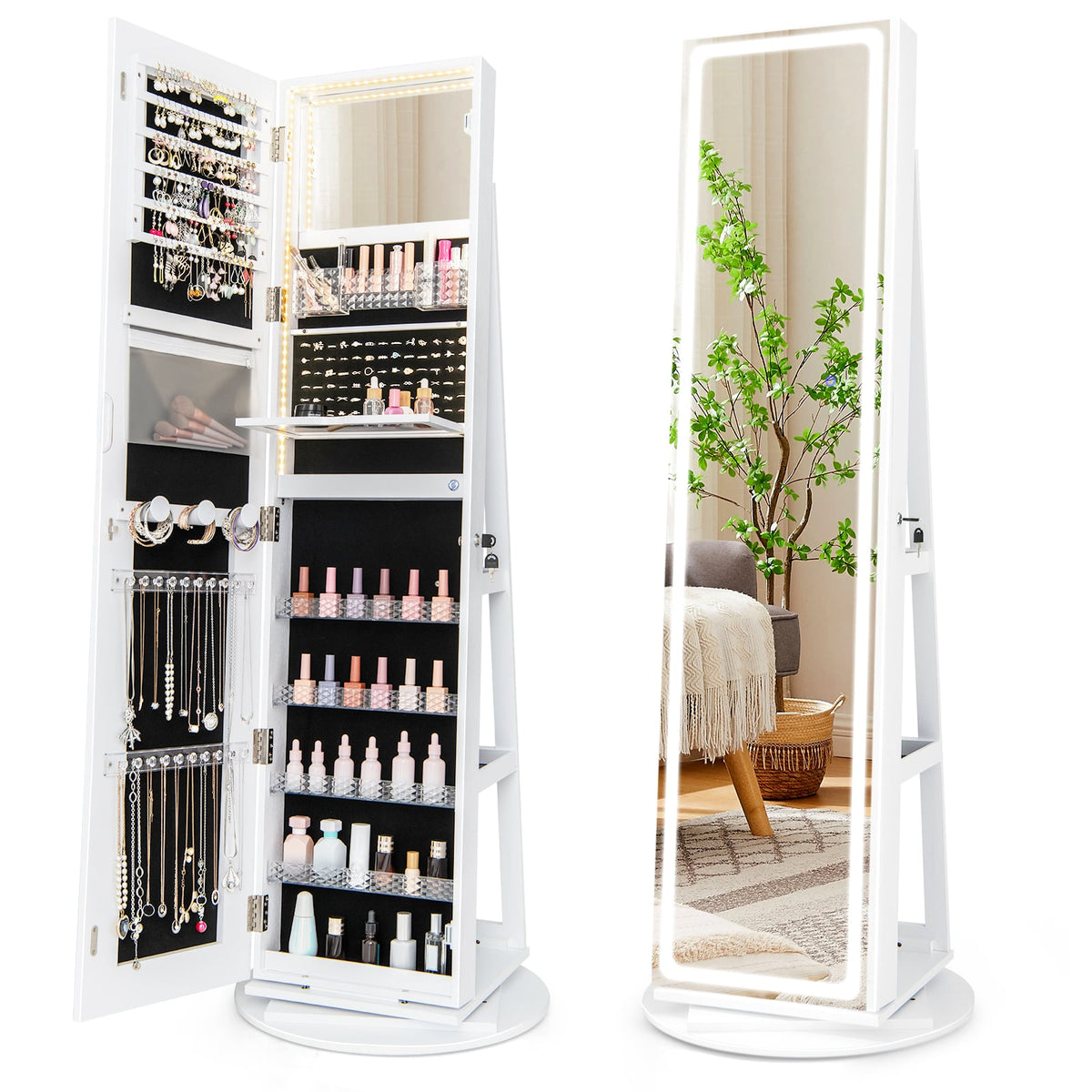 Standing Jewelry Cabinet with Adjustable LED Lights-White-Jewelry Armoires-DECOROLALA