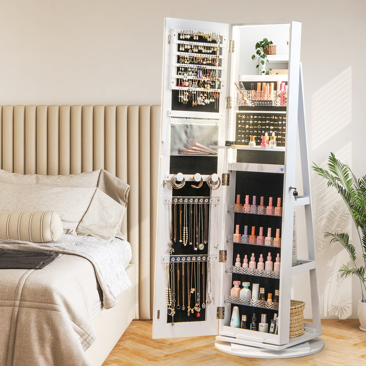 Standing Jewelry Cabinet with Adjustable LED Lights-White-Jewelry Armoires-DECOROLALA