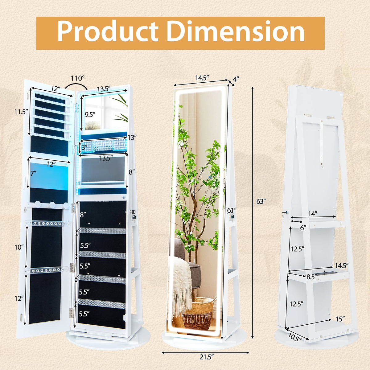 Standing Jewelry Cabinet with Adjustable LED Lights-White-Jewelry Armoires-DECOROLALA