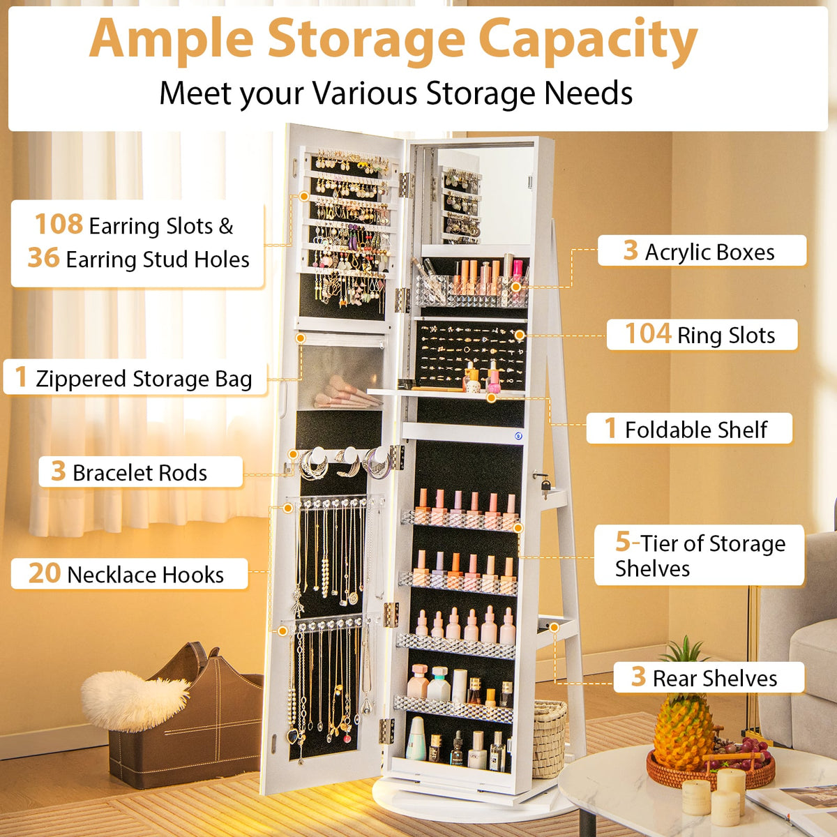 Standing Jewelry Cabinet with Adjustable LED Lights-White-Jewelry Armoires-DECOROLALA