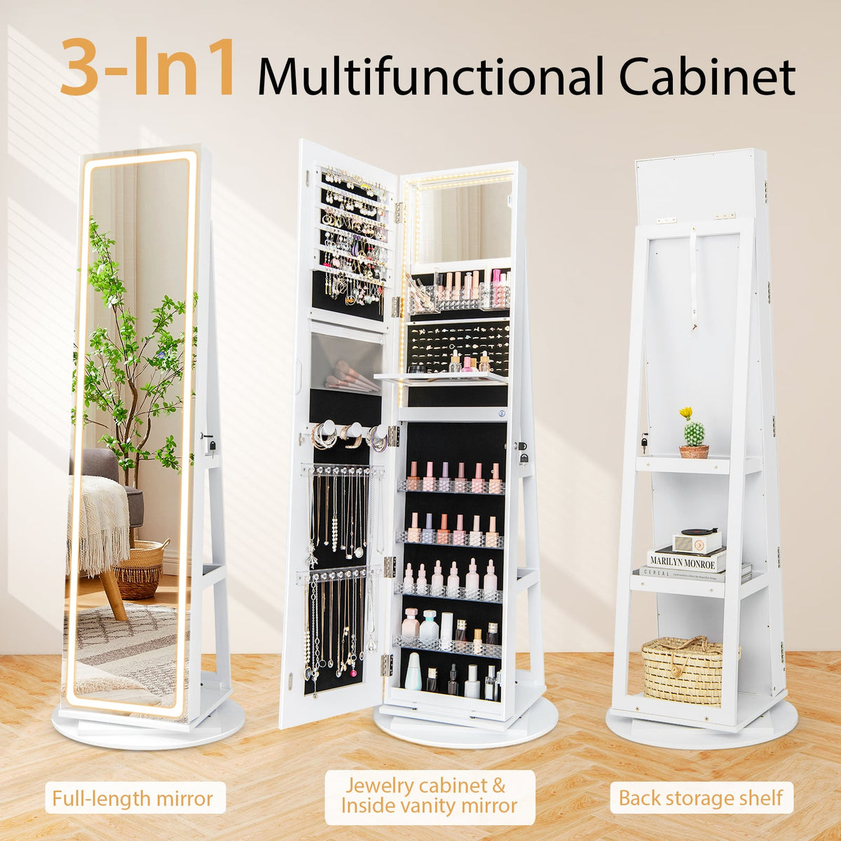 Standing Jewelry Cabinet with Adjustable LED Lights-White-Jewelry Armoires-DECOROLALA