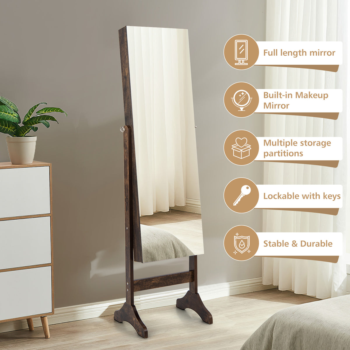 Standing Jewelry Cabinet with Full Length Mirror-Brown-Jewelry Armoires-DECOROLALA