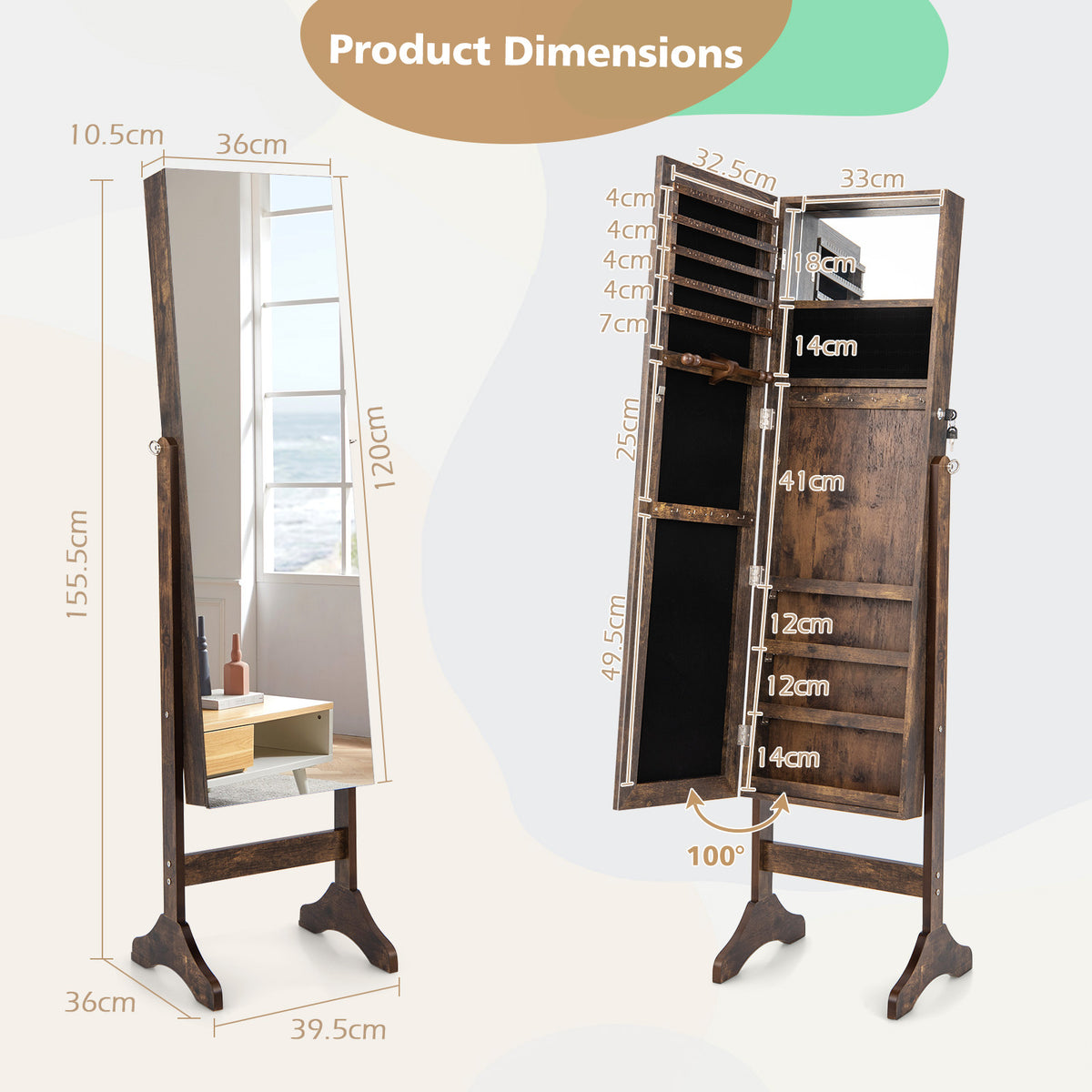 Standing Jewelry Cabinet with Full Length Mirror-Brown-Jewelry Armoires-DECOROLALA