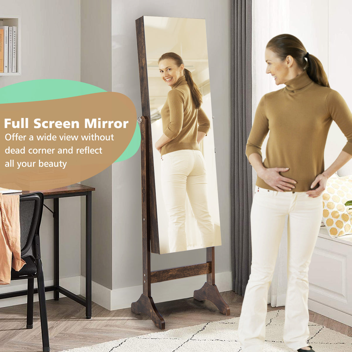 Standing Jewelry Cabinet with Full Length Mirror-Brown-Jewelry Armoires-DECOROLALA