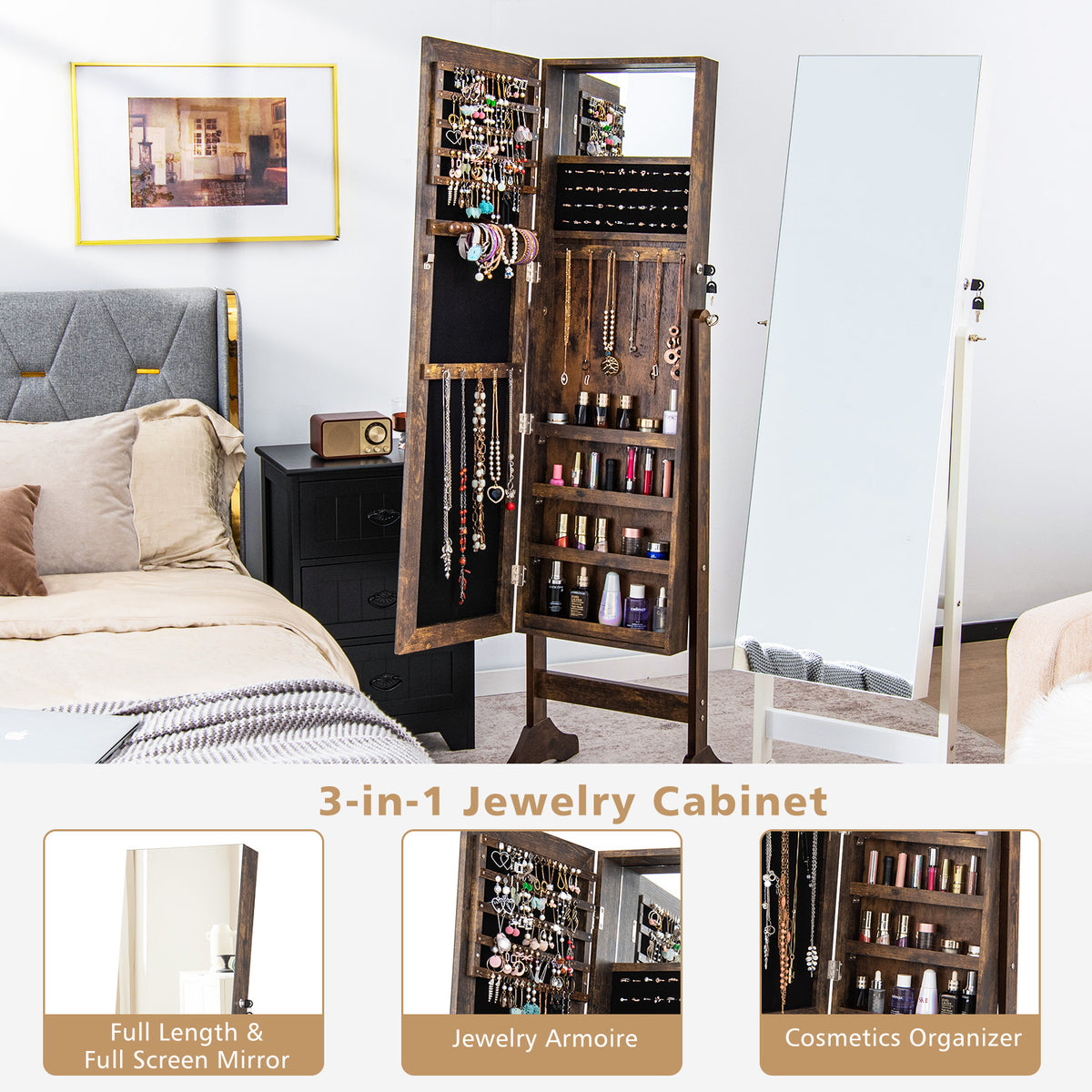 Standing Jewelry Cabinet with Full Length Mirror-Brown-Jewelry Armoires-DECOROLALA
