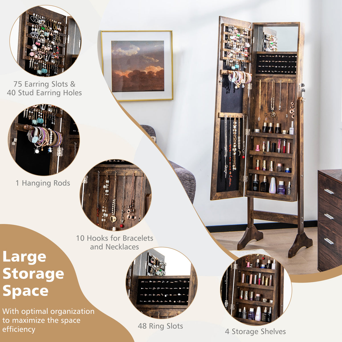 Standing Jewelry Cabinet with Full Length Mirror-Brown-Jewelry Armoires-DECOROLALA