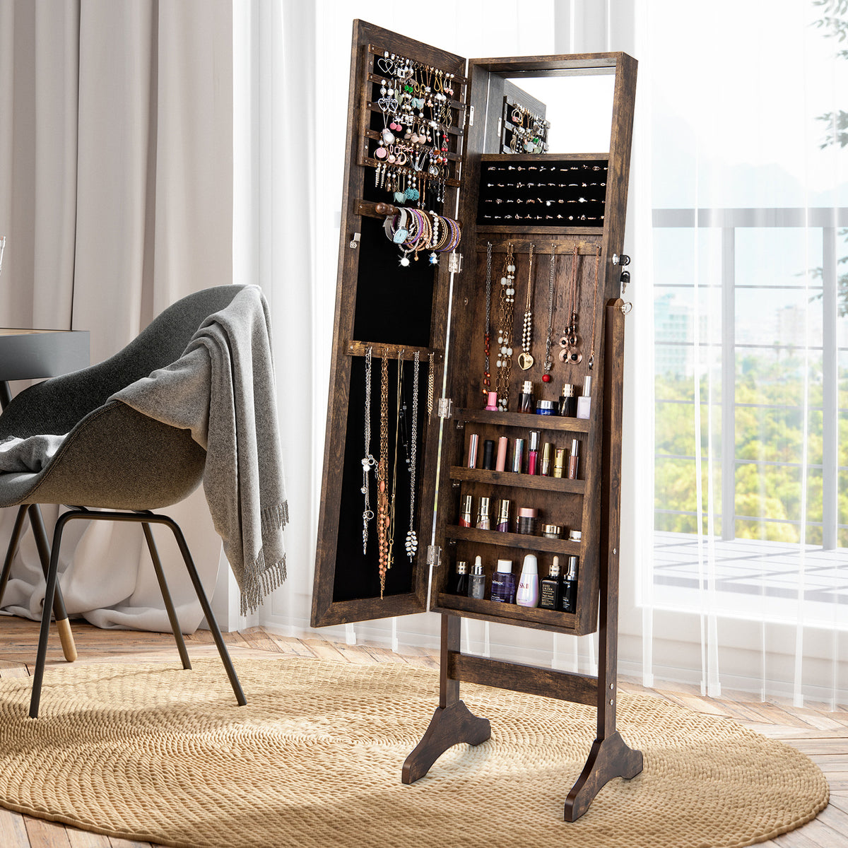 Standing Jewelry Cabinet with Full Length Mirror-Brown-Jewelry Armoires-DECOROLALA