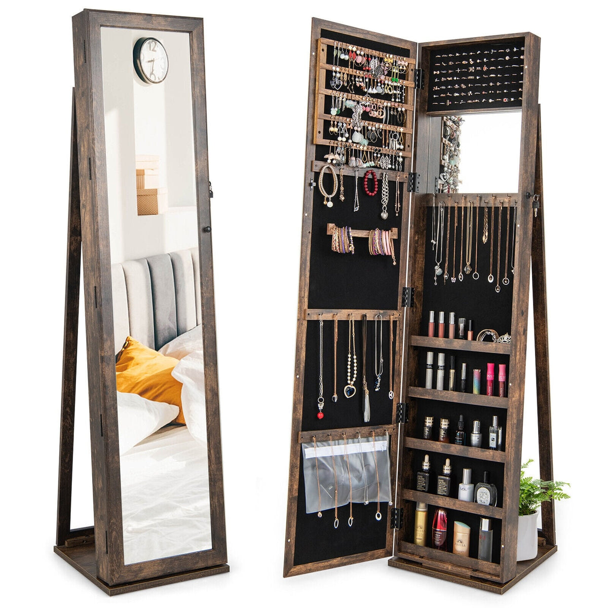 Standing Lockable Jewelry Storage Organizer with Full-Length Mirror-Brown-Jewelry Armoires-DECOROLALA