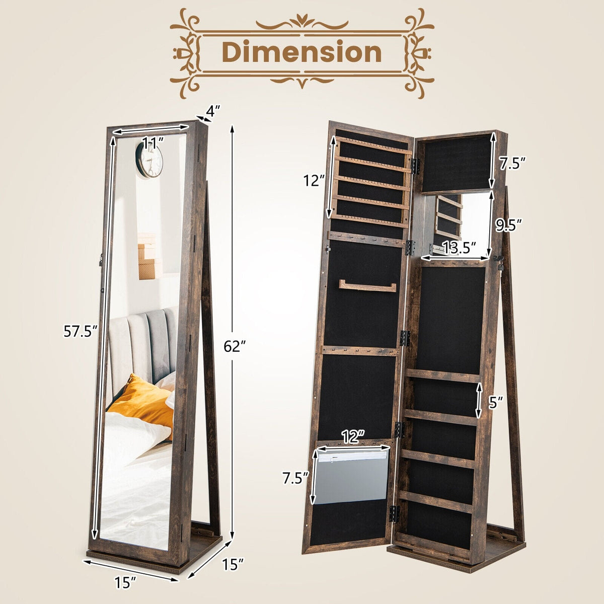 Standing Lockable Jewelry Storage Organizer with Full-Length Mirror-Brown-Jewelry Armoires-DECOROLALA