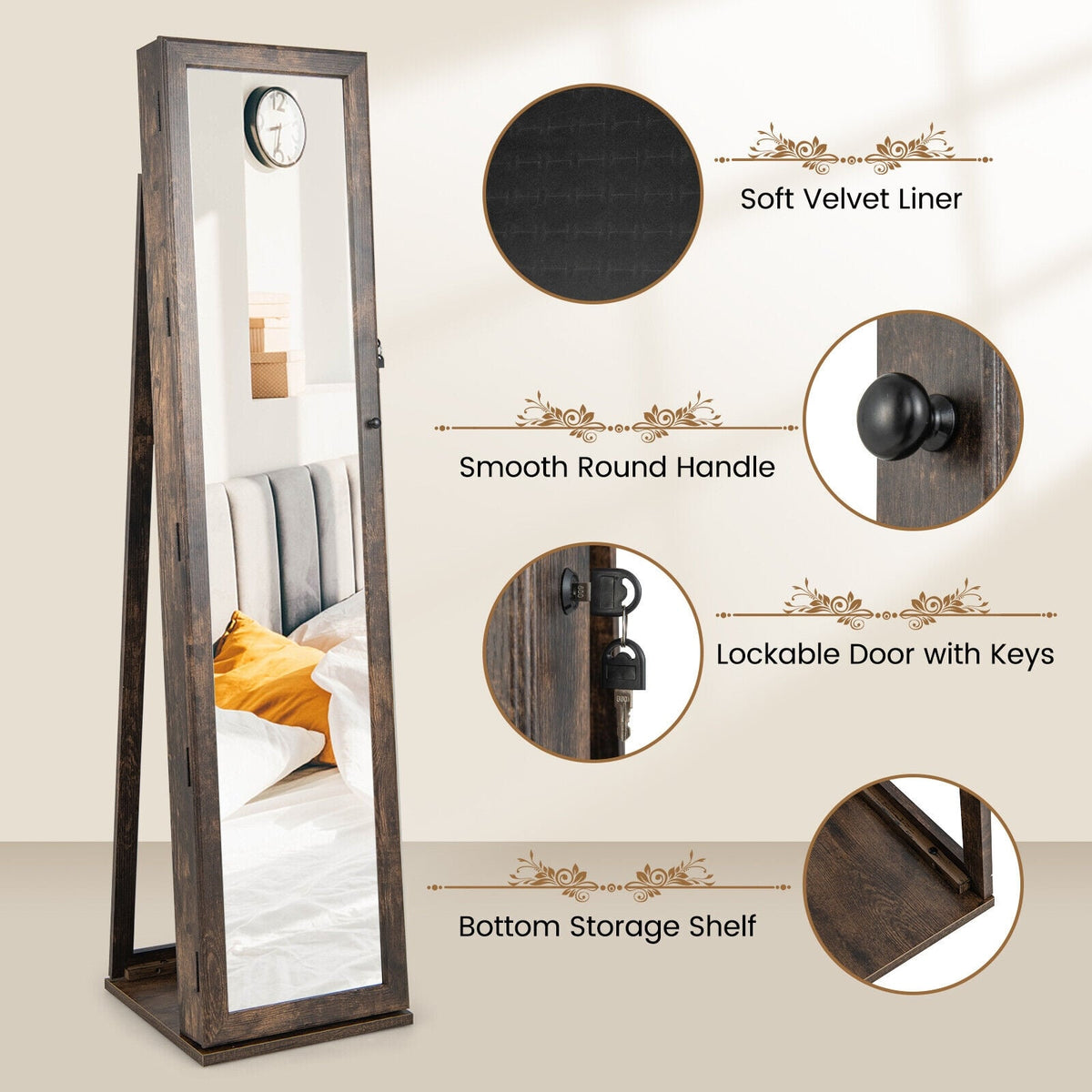 Standing Lockable Jewelry Storage Organizer with Full-Length Mirror-Brown-Jewelry Armoires-DECOROLALA