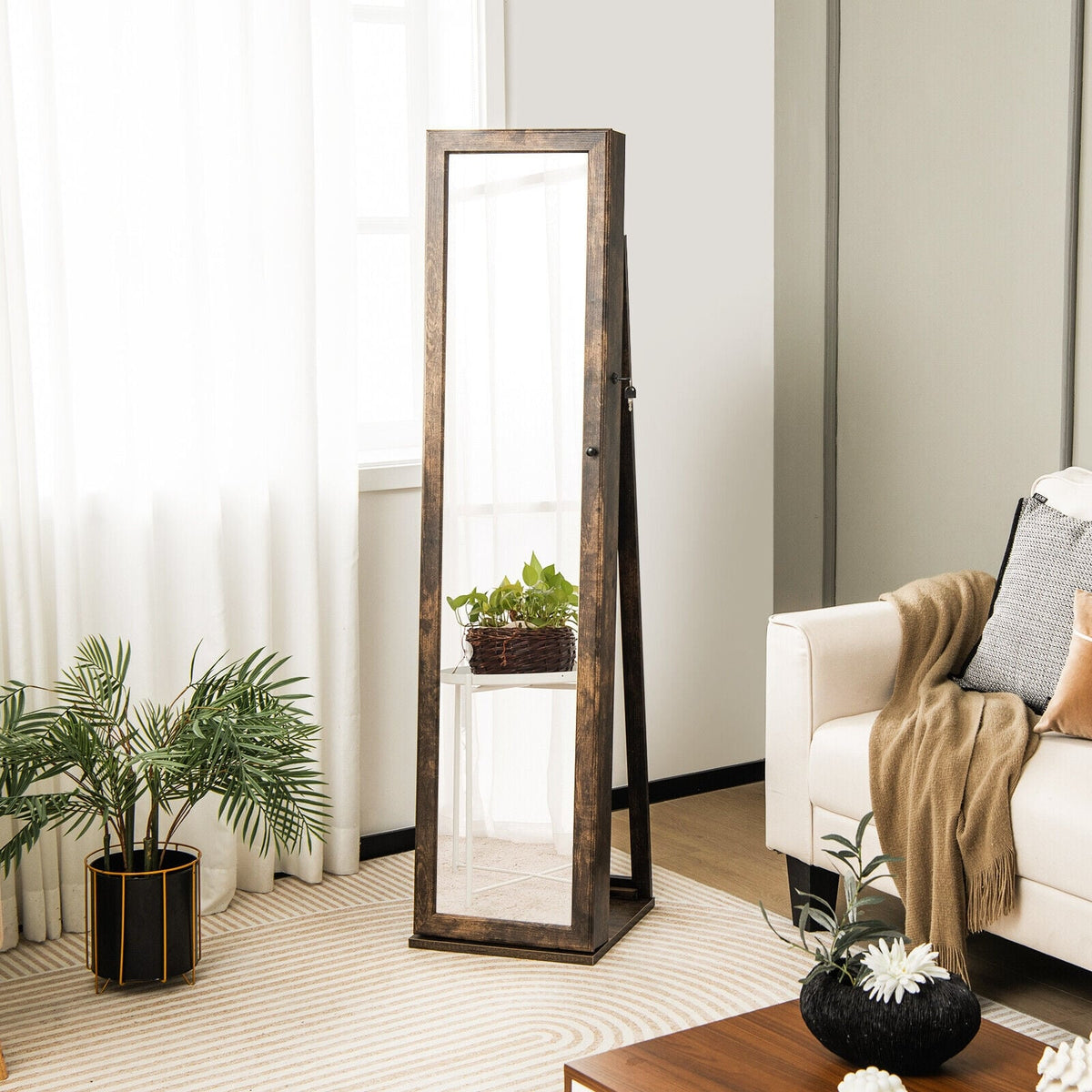 Standing Lockable Jewelry Storage Organizer with Full-Length Mirror-Brown-Jewelry Armoires-DECOROLALA