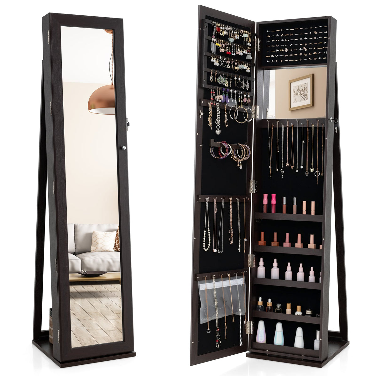 Standing Lockable Jewelry Storage Organizer with Full-Length Mirror-Coffee-Jewelry Armoires-DECOROLALA