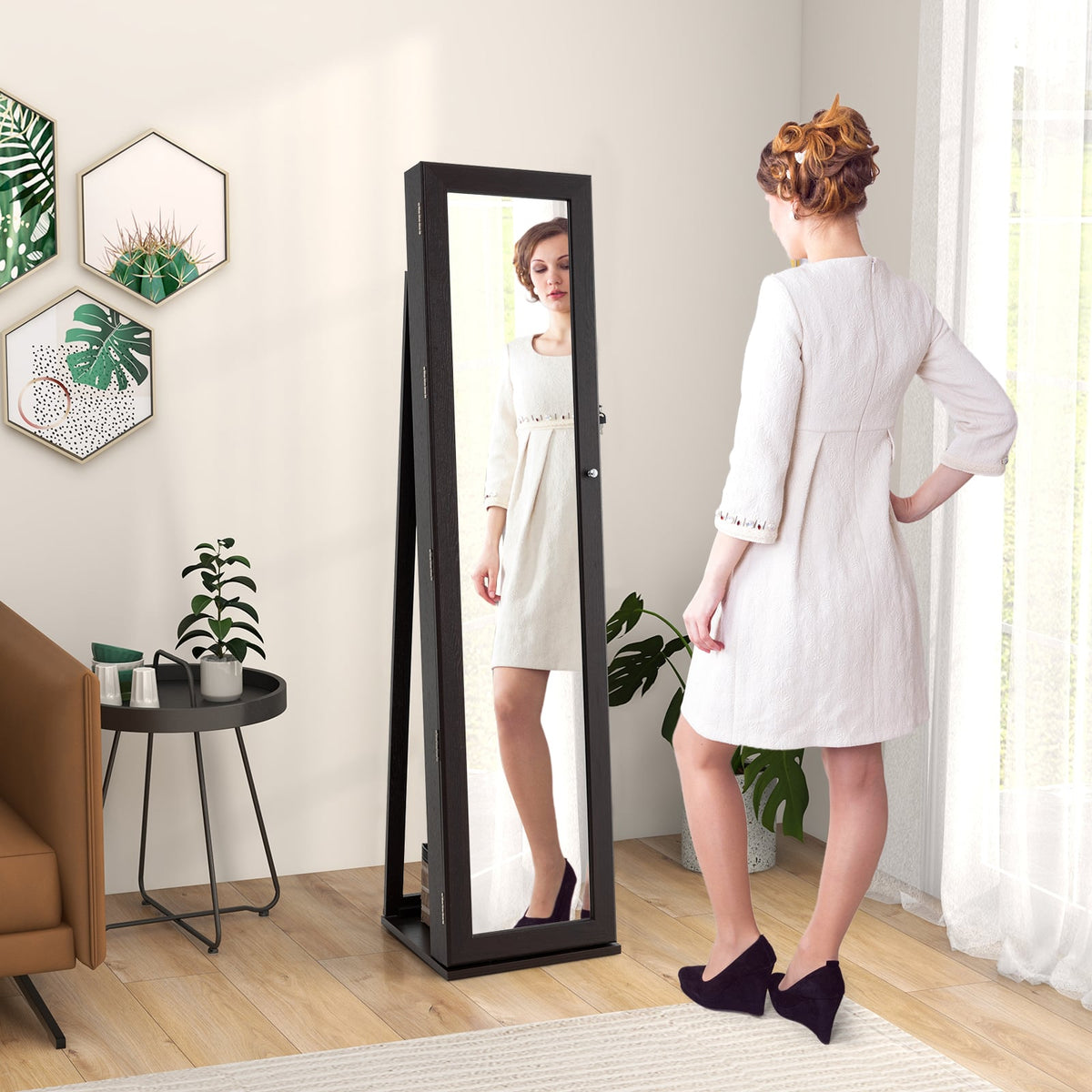 Standing Lockable Jewelry Storage Organizer with Full-Length Mirror-Coffee-Jewelry Armoires-DECOROLALA