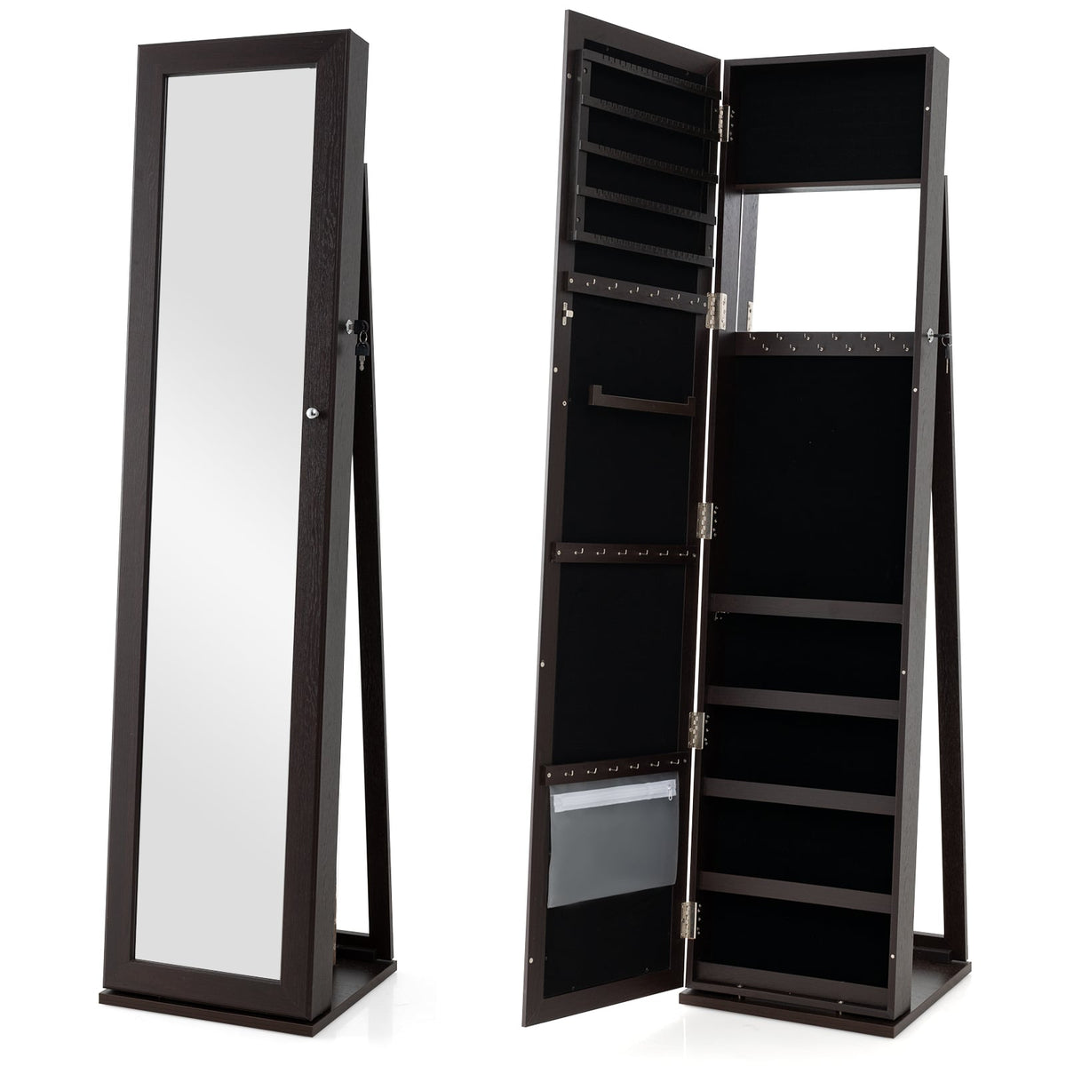 Standing Lockable Jewelry Storage Organizer with Full-Length Mirror-Coffee-Jewelry Armoires-DECOROLALA