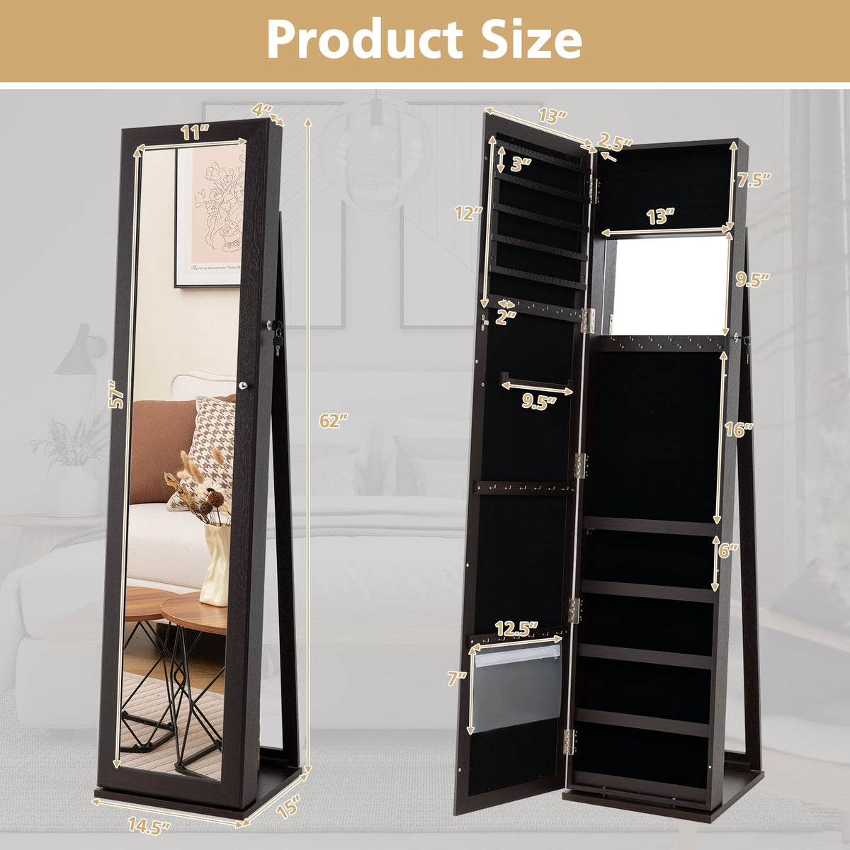 Standing Lockable Jewelry Storage Organizer with Full-Length Mirror-Coffee-Jewelry Armoires-DECOROLALA