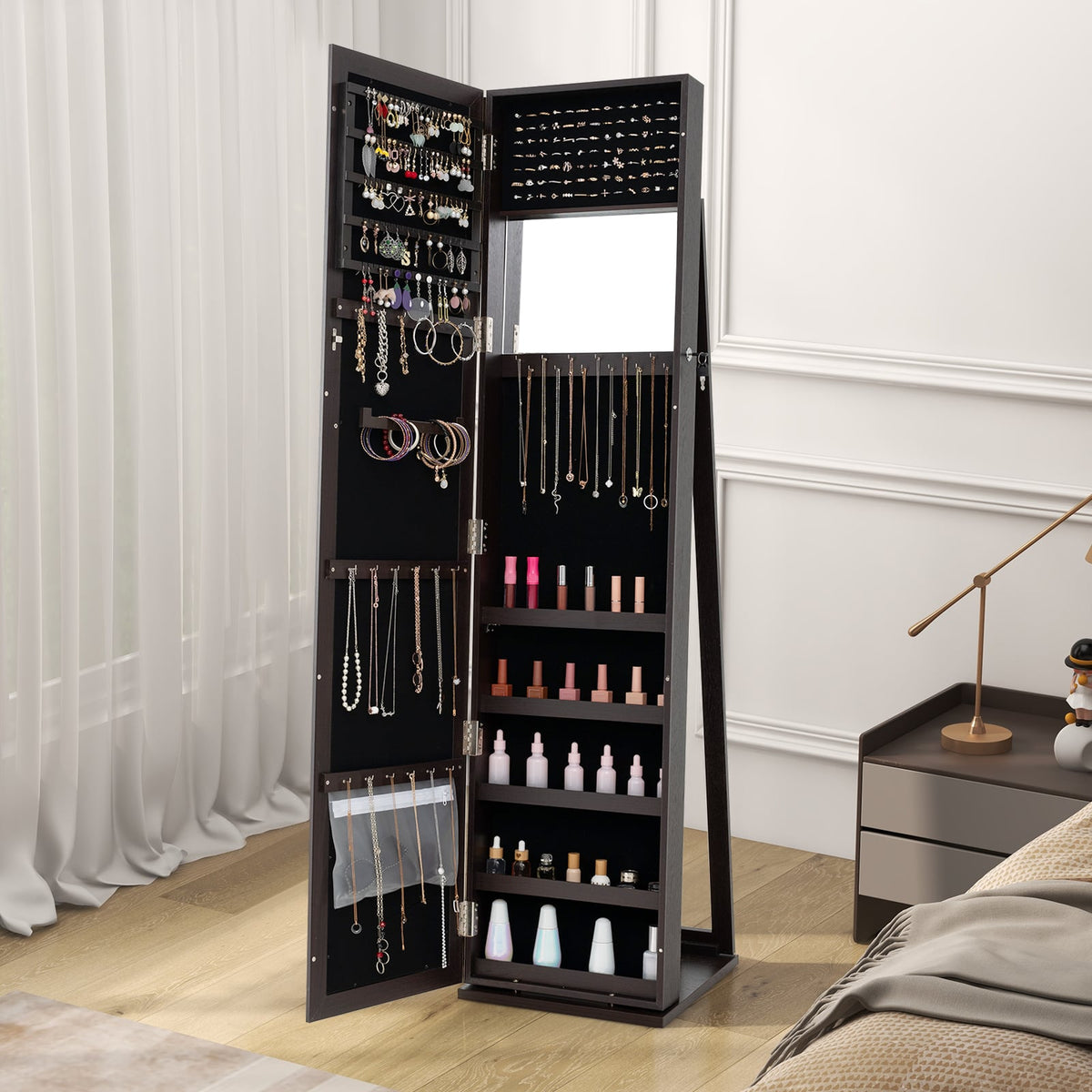 Standing Lockable Jewelry Storage Organizer with Full-Length Mirror-Coffee-Jewelry Armoires-DECOROLALA