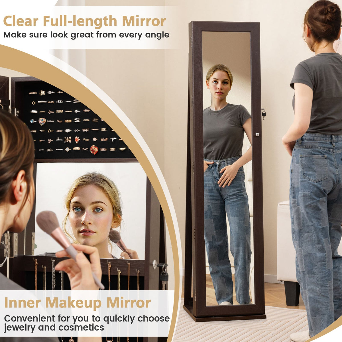 Standing Lockable Jewelry Storage Organizer with Full-Length Mirror-Coffee-Jewelry Armoires-DECOROLALA