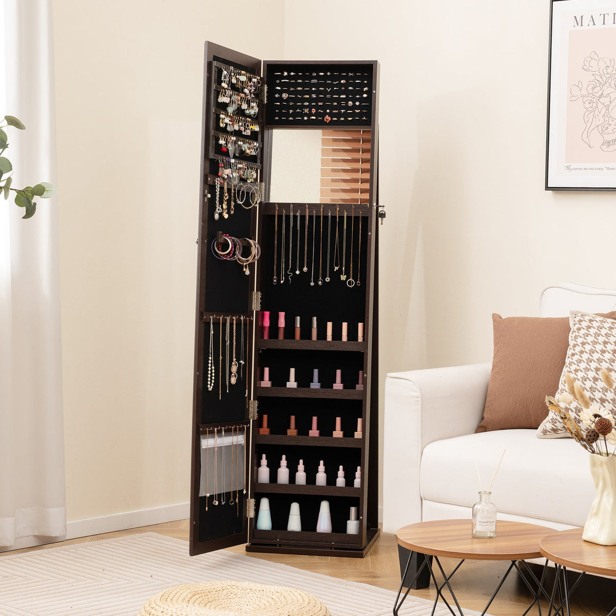 Standing Lockable Jewelry Storage Organizer with Full-Length Mirror-Coffee-Jewelry Armoires-DECOROLALA