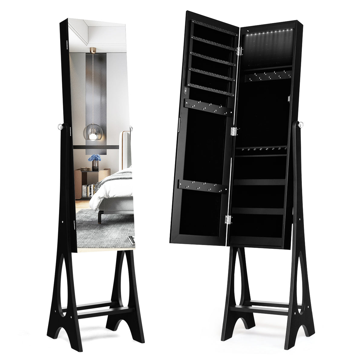 Standing Mirror Jewelry Cabinet-Black-Jewelry Armoires-DECOROLALA