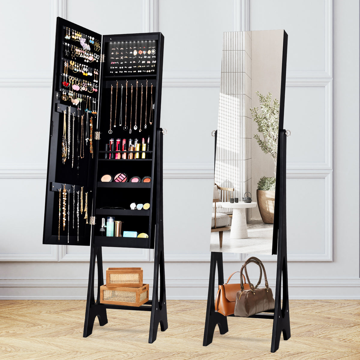 Standing Mirror Jewelry Cabinet-Black-Jewelry Armoires-DECOROLALA
