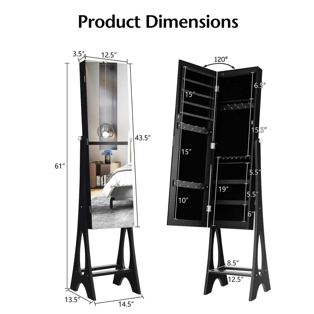 Standing Mirror Jewelry Cabinet-Black-Jewelry Armoires-DECOROLALA