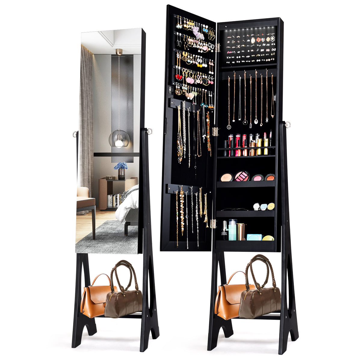 Standing Mirror Jewelry Cabinet-Black-Jewelry Armoires-DECOROLALA