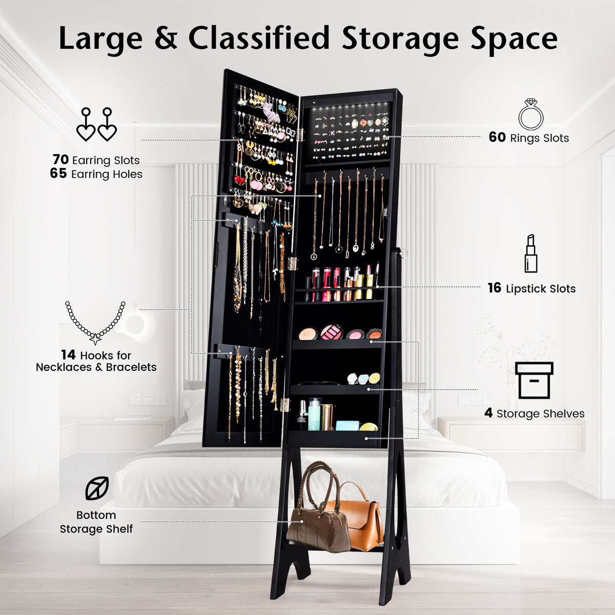 Standing Mirror Jewelry Cabinet-Black-Jewelry Armoires-DECOROLALA