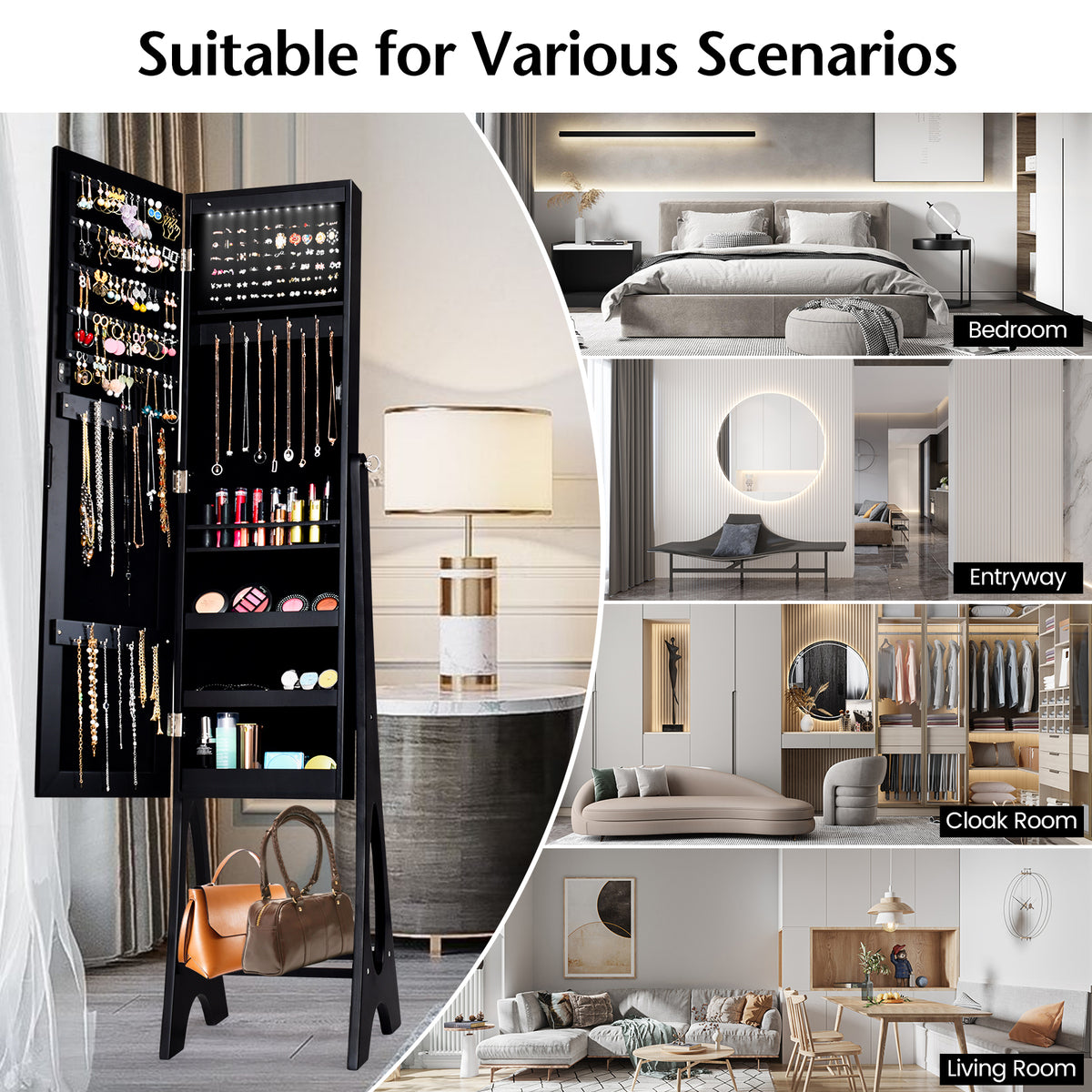Standing Mirror Jewelry Cabinet-Black-Jewelry Armoires-DECOROLALA