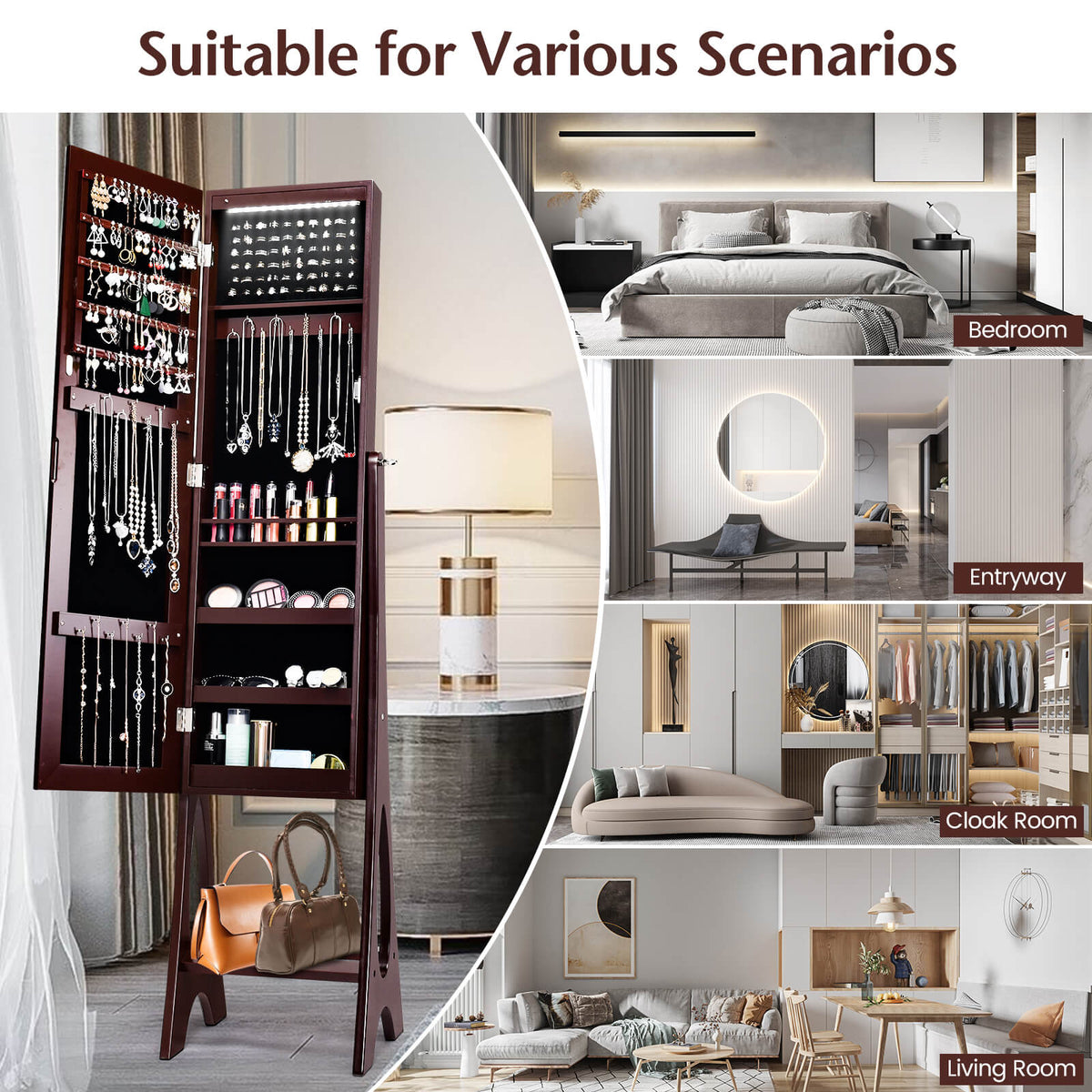 Standing Mirror Jewelry Cabinet-Brown-Jewelry Armoires-DECOROLALA