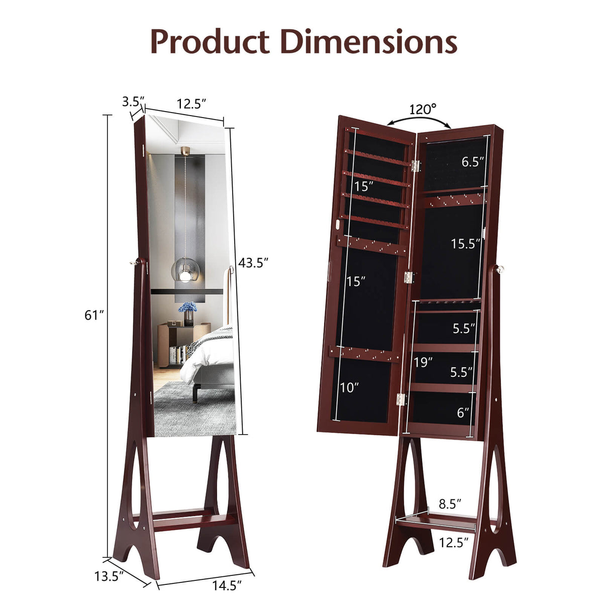 Standing Mirror Jewelry Cabinet-Brown-Jewelry Armoires-DECOROLALA