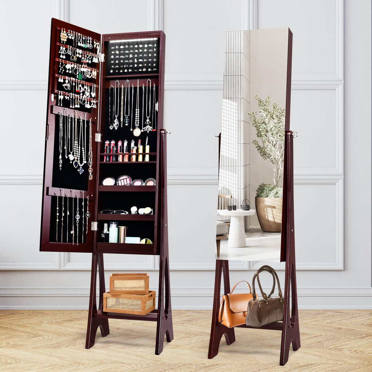 Standing Mirror Jewelry Cabinet-Brown-Jewelry Armoires-DECOROLALA
