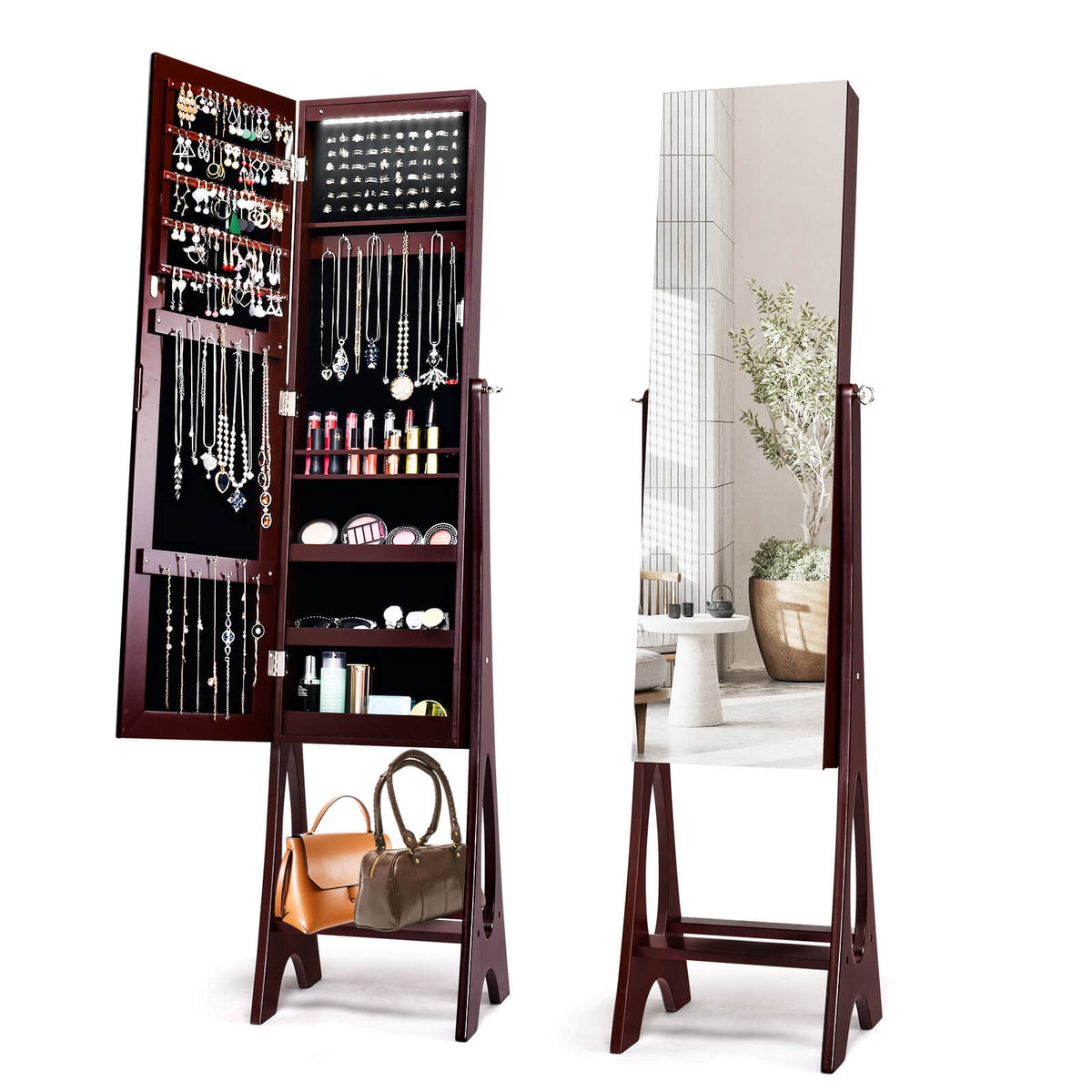 Standing Mirror Jewelry Cabinet-Brown-Jewelry Armoires-DECOROLALA