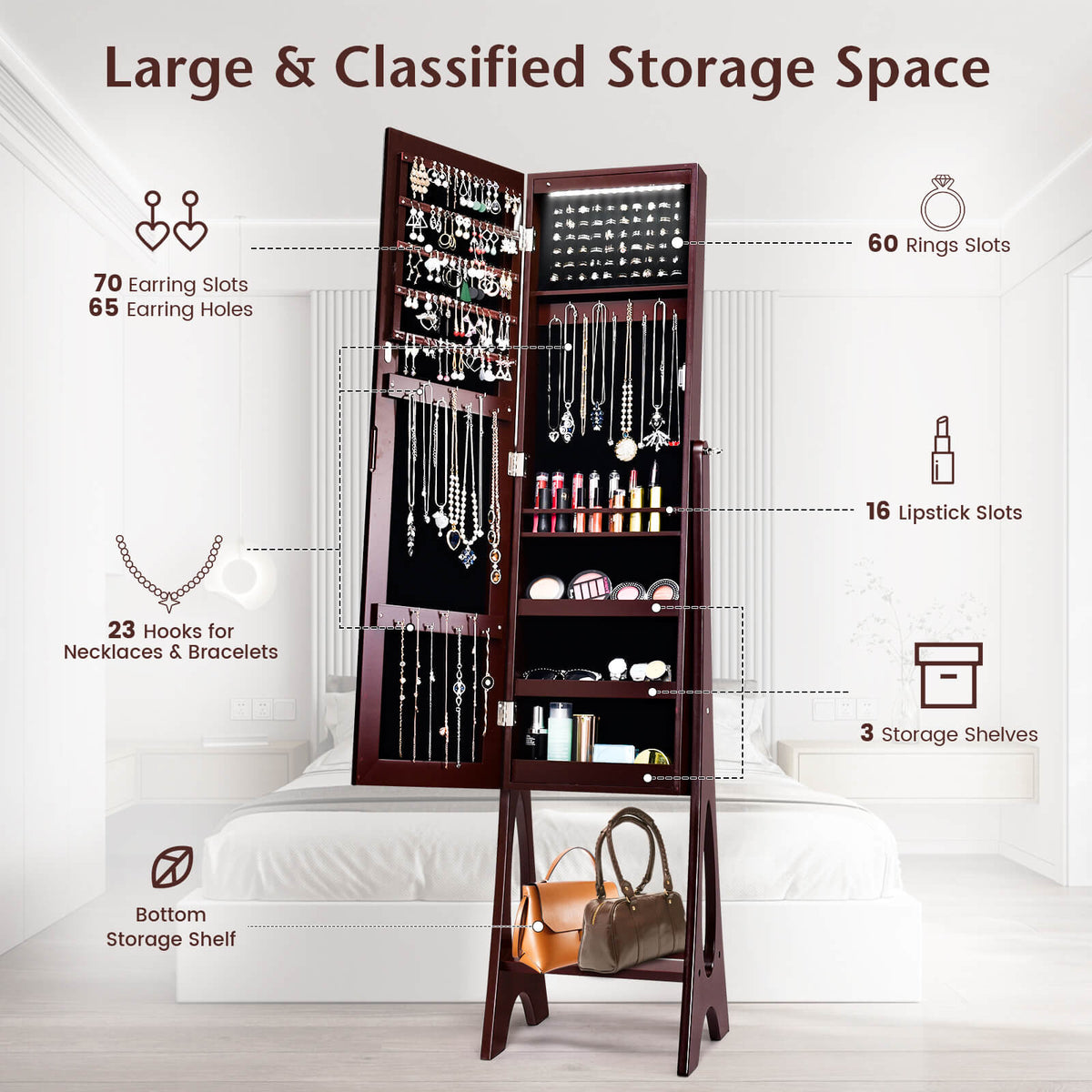 Standing Mirror Jewelry Cabinet-Brown-Jewelry Armoires-DECOROLALA