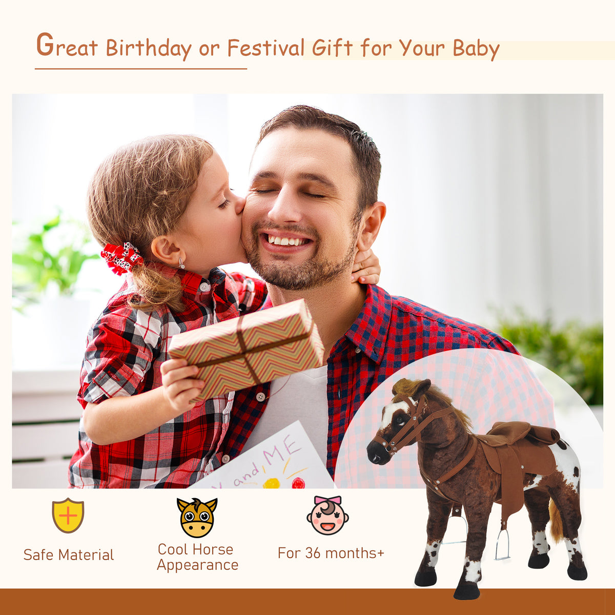 Standing Plush Ride-On Horse Toy - Brown, Ages 3-8-Toys & Games > Baby & Toddler Toys > Riding & Rocking Toys > Rocking Horses-DECOROLALA