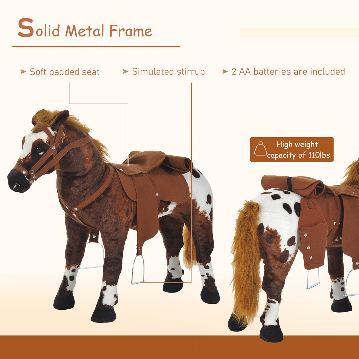 Standing Plush Ride-On Horse Toy - Brown, Ages 3-8-Toys & Games > Baby & Toddler Toys > Riding & Rocking Toys > Rocking Horses-DECOROLALA