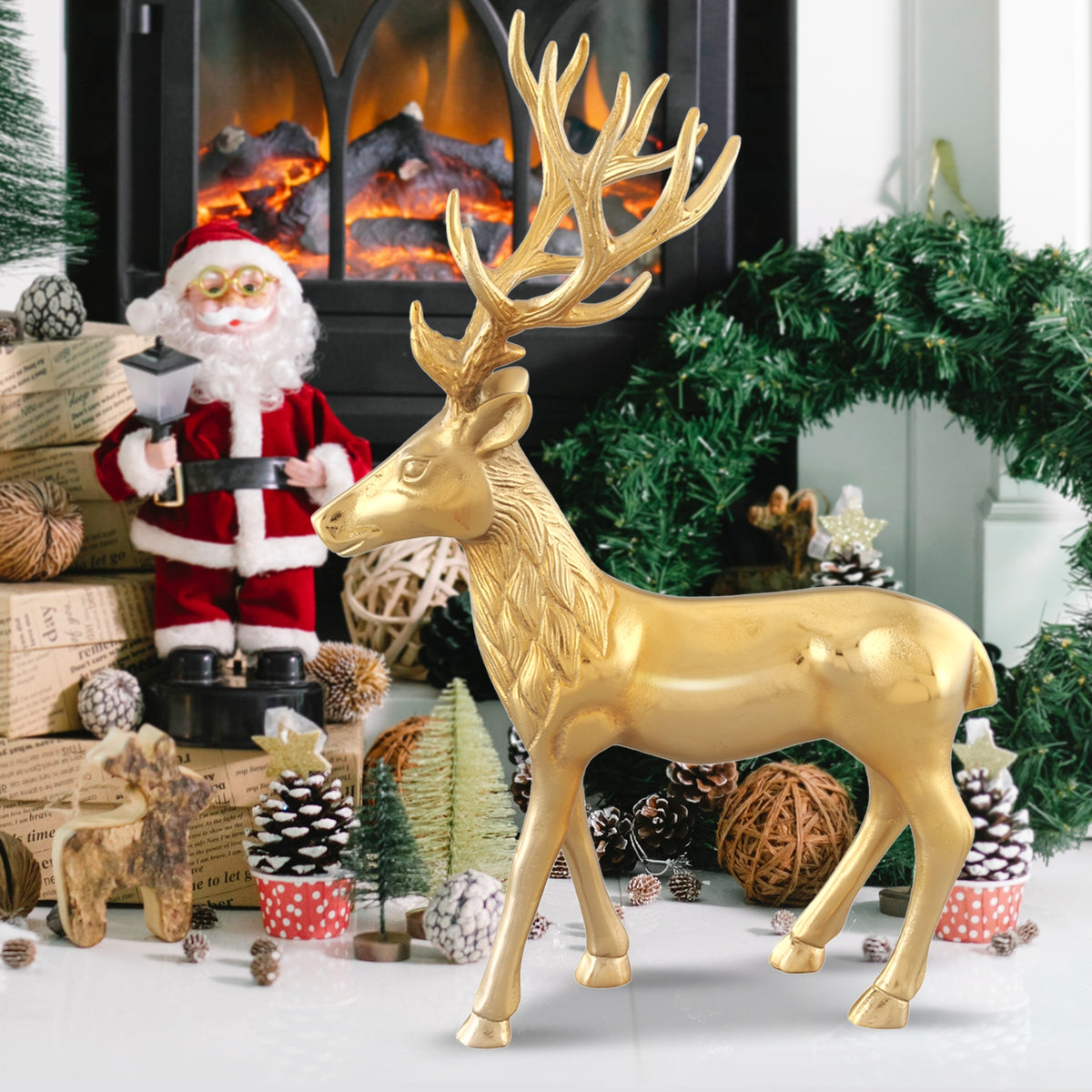 Standing Reindeer Statue Aluminum Deer Sculpture for Indoors Christmas Decor-Golden-Christmas Decorations & Accessories-DECOROLALA