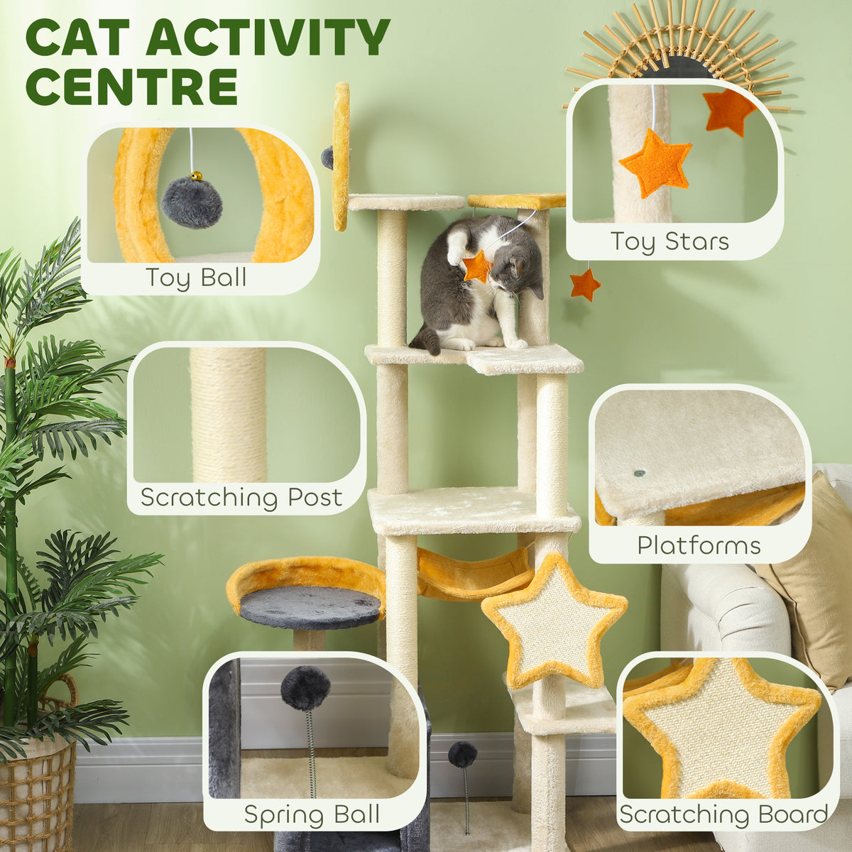 Star and Moon Cat Tree - 63" Beige Activity Center with Condo-Cats-DECOROLALA