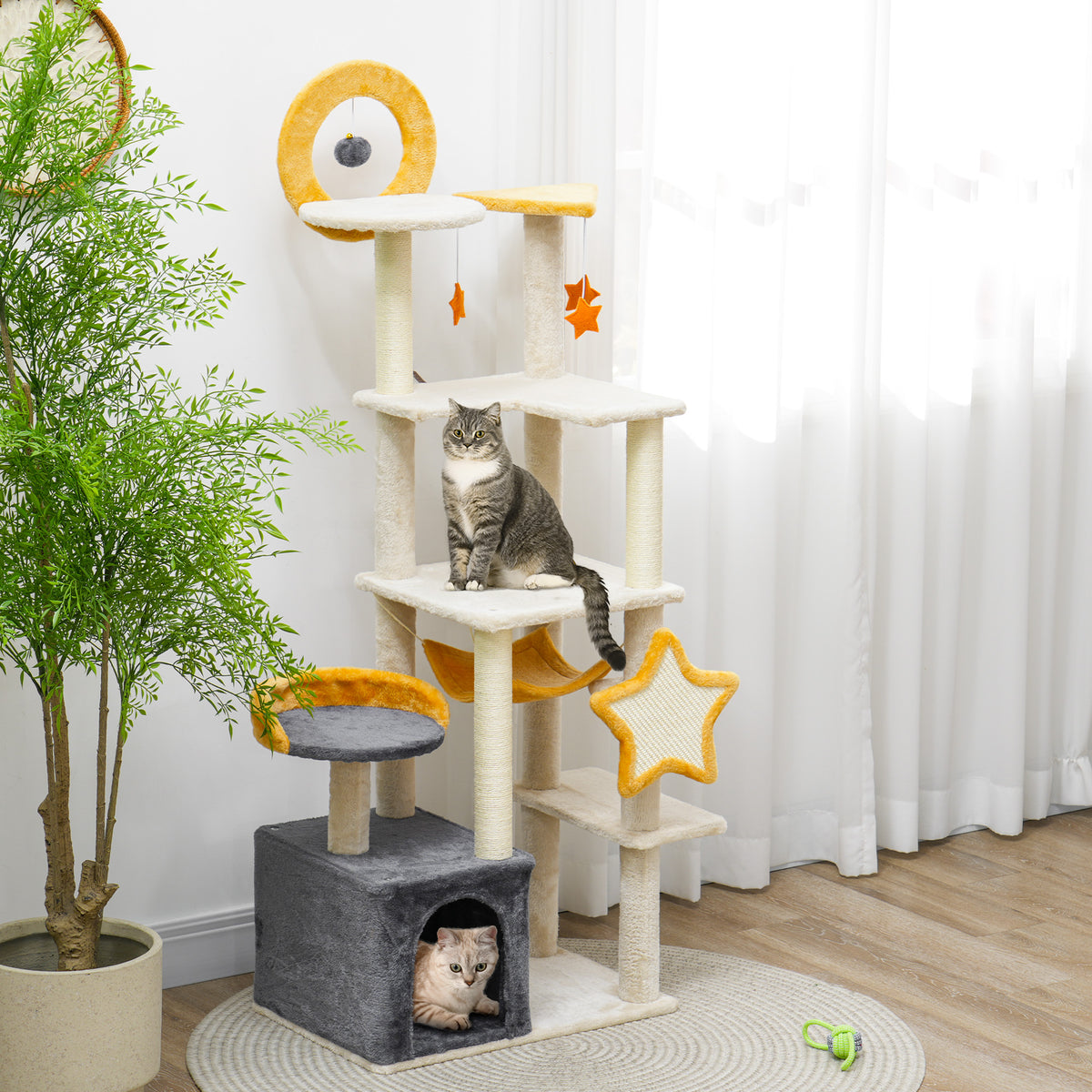 Star and Moon Cat Tree - 63" Beige Activity Center with Condo-Cats-DECOROLALA