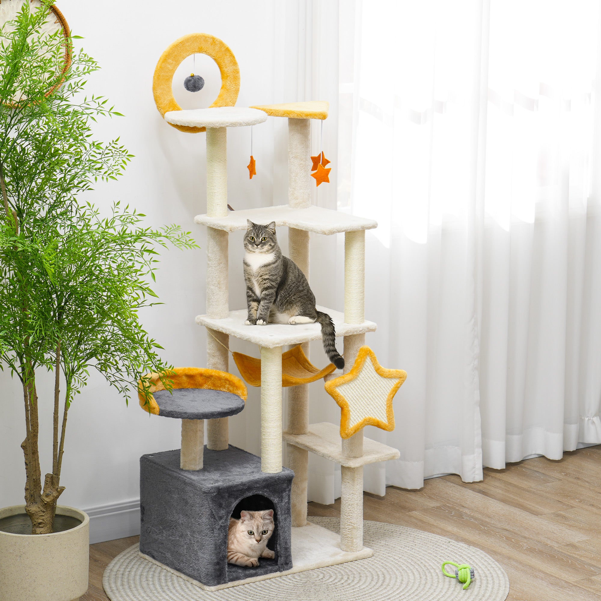 Star and Moon Cat Tree - 63" Beige Activity Center with Condo-Cats-DECOROLALA