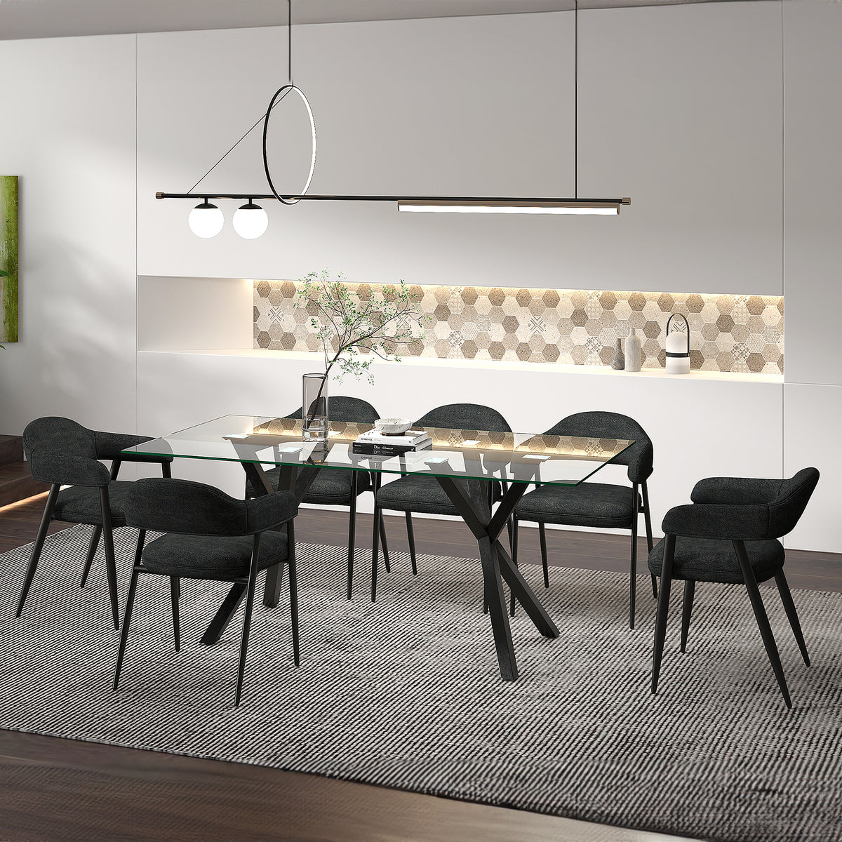 Stark Archer 7-Piece Dining Set - Clear Glass and Black Fabric-Dining Room Sets-DECOROLALA
