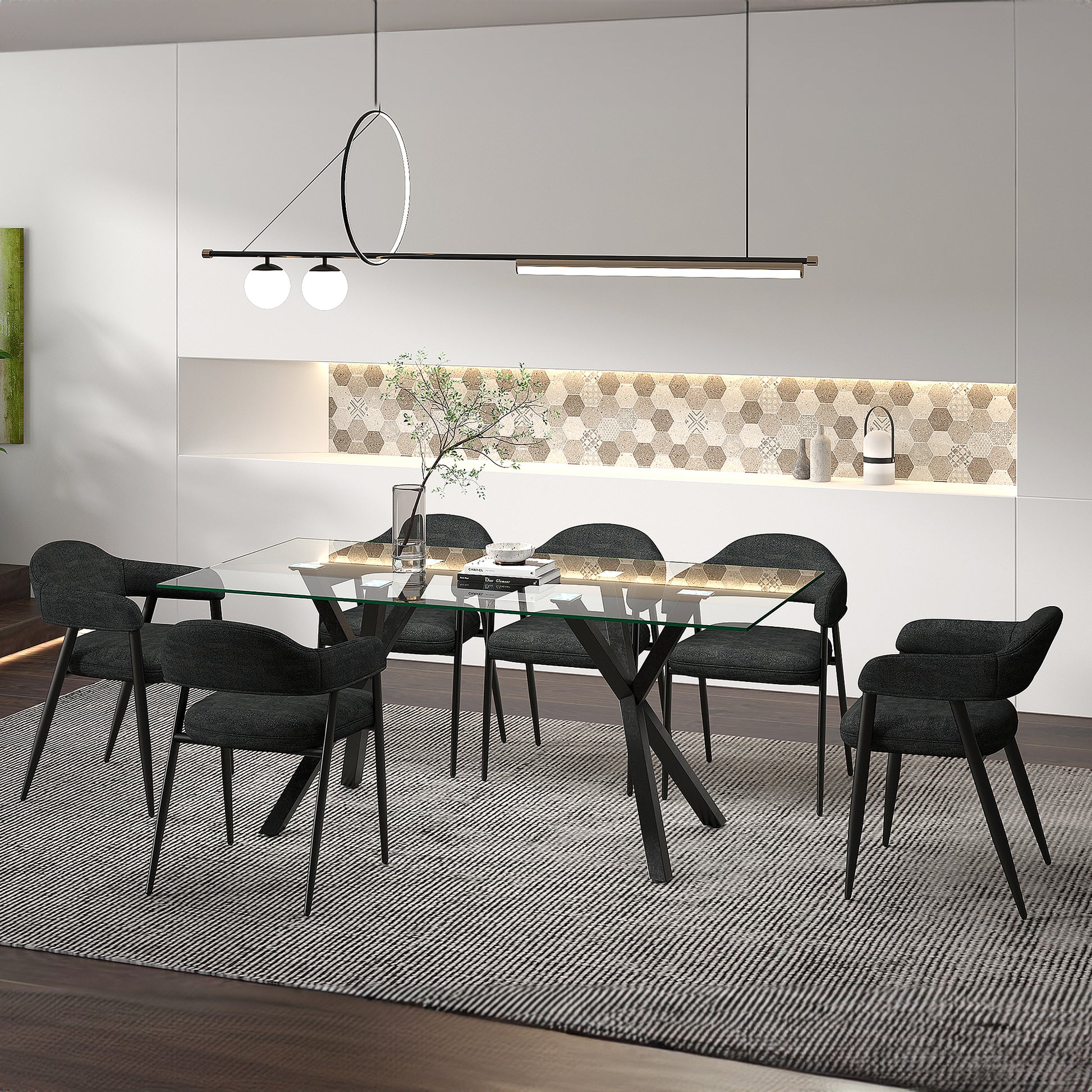 Stark Archer 7-Piece Dining Set - Clear Glass and Black Fabric-DECOROLALA